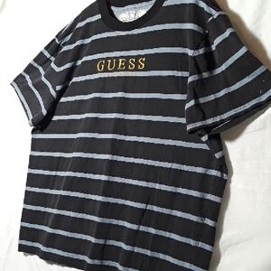 GUESS Men's Black and Gray Striped Tee